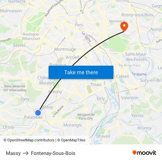 Massy to Fontenay-Sous-Bois map