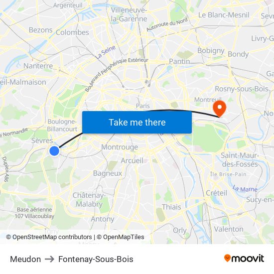 Meudon to Fontenay-Sous-Bois map