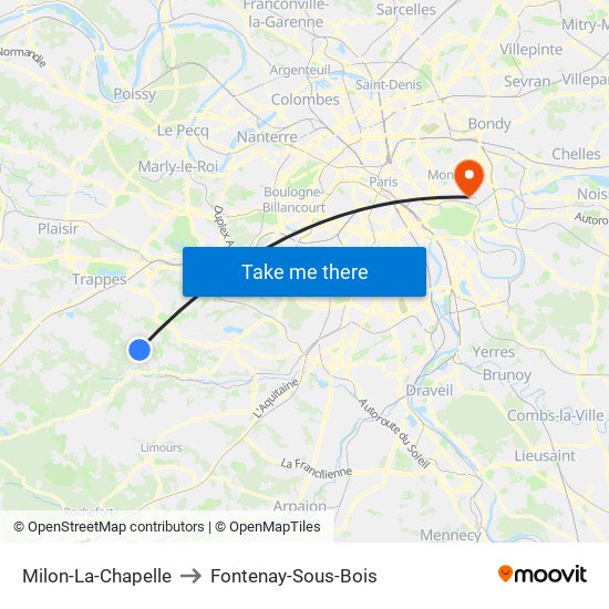 Milon-La-Chapelle to Fontenay-Sous-Bois map