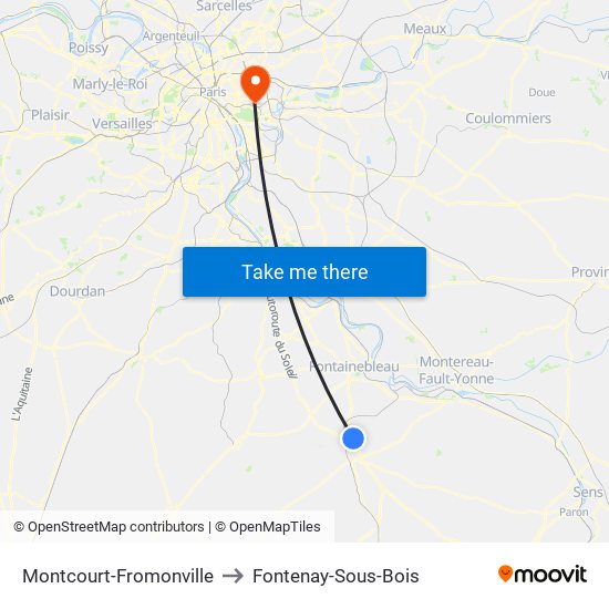 Montcourt-Fromonville to Fontenay-Sous-Bois map