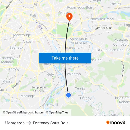 Montgeron to Fontenay-Sous-Bois map