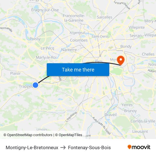 Montigny-Le-Bretonneux to Fontenay-Sous-Bois map