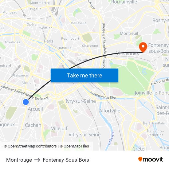 Montrouge to Fontenay-Sous-Bois map