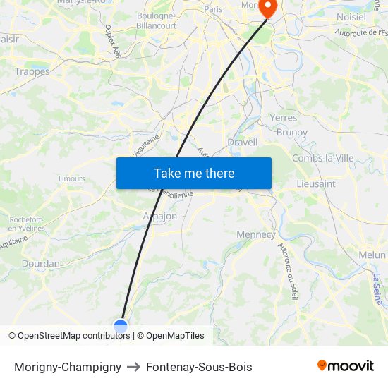 Morigny-Champigny to Fontenay-Sous-Bois map