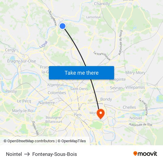 Nointel to Fontenay-Sous-Bois map