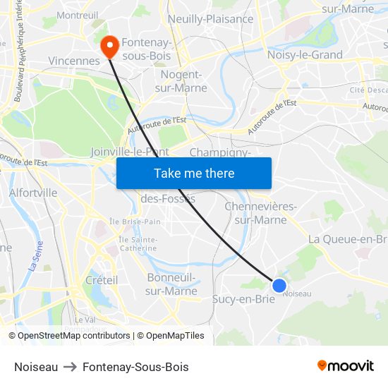 Noiseau to Fontenay-Sous-Bois map