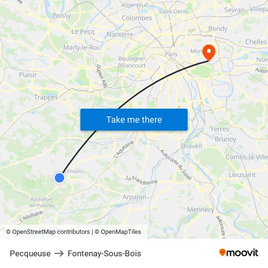 Pecqueuse to Fontenay-Sous-Bois map