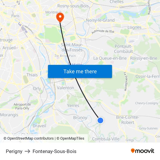 Perigny to Fontenay-Sous-Bois map