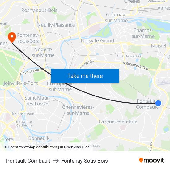 Pontault-Combault to Fontenay-Sous-Bois map