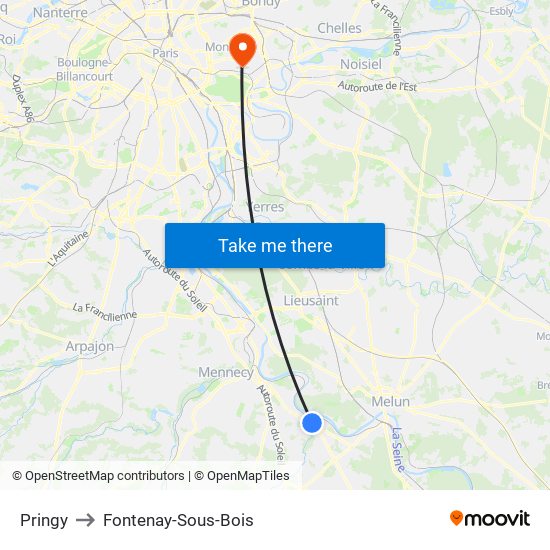 Pringy to Fontenay-Sous-Bois map