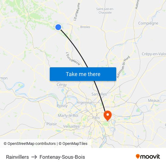 Rainvillers to Fontenay-Sous-Bois map