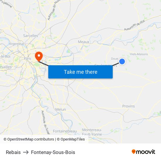 Rebais to Fontenay-Sous-Bois map