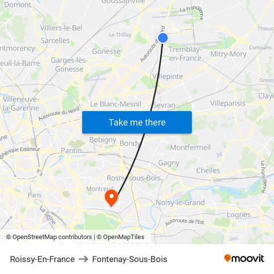 Roissy-En-France to Fontenay-Sous-Bois map