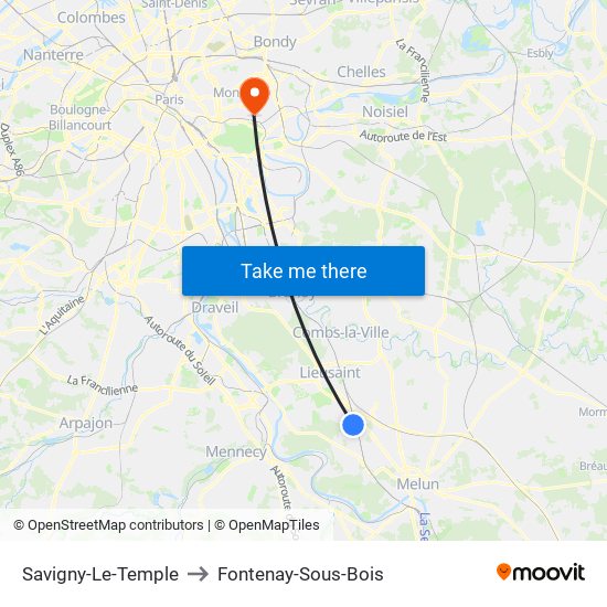 Savigny-Le-Temple to Fontenay-Sous-Bois map