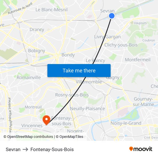 Sevran to Fontenay-Sous-Bois map