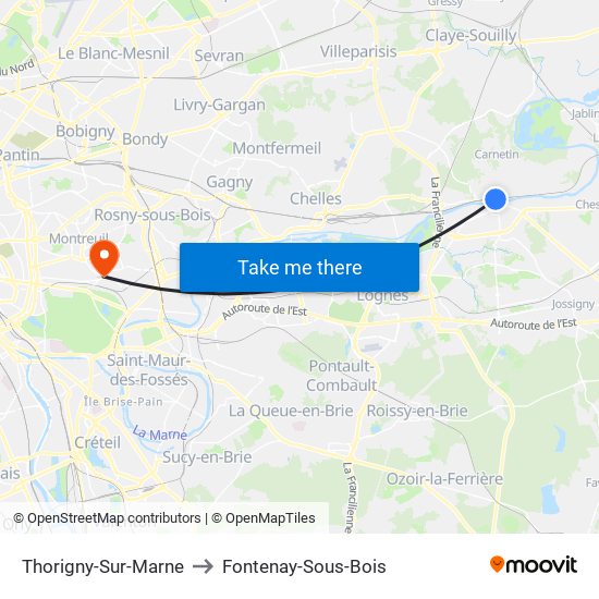 Thorigny-Sur-Marne to Fontenay-Sous-Bois map