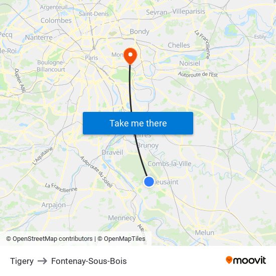 Tigery to Fontenay-Sous-Bois map