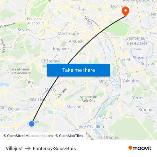 Villejust to Fontenay-Sous-Bois map