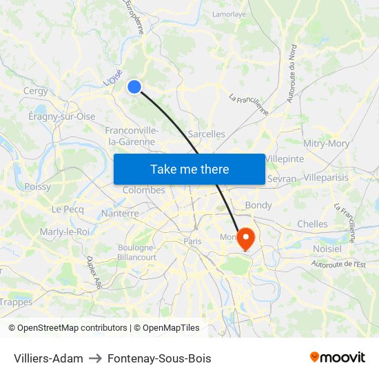 Villiers-Adam to Fontenay-Sous-Bois map