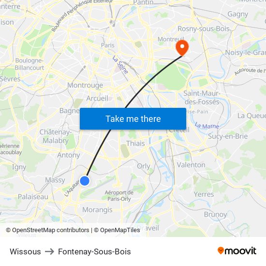 Wissous to Fontenay-Sous-Bois map