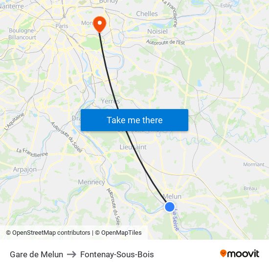 Gare de Melun to Fontenay-Sous-Bois map