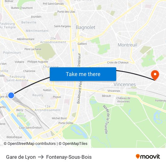 Gare de Lyon to Fontenay-Sous-Bois map