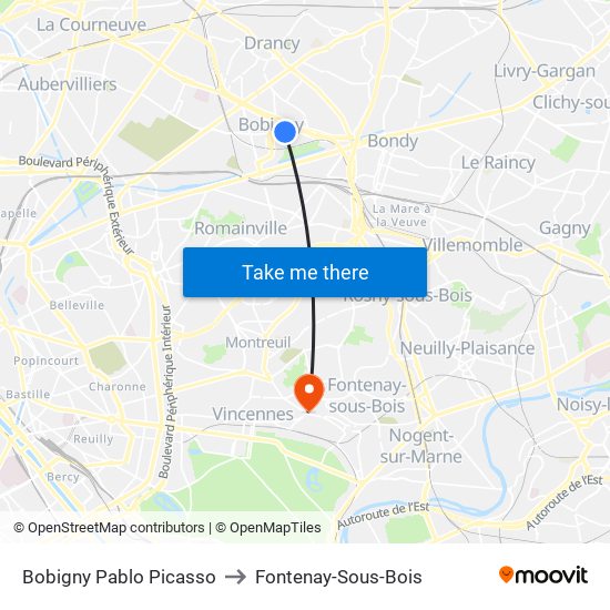 Bobigny Pablo Picasso to Fontenay-Sous-Bois map