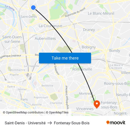 Saint-Denis - Université to Fontenay-Sous-Bois map