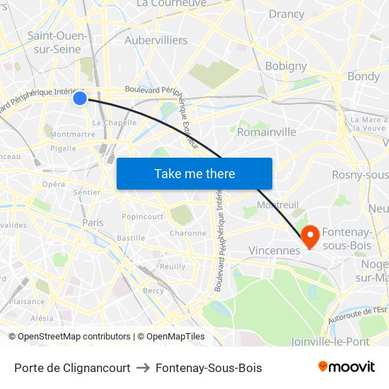 Porte de Clignancourt to Fontenay-Sous-Bois map