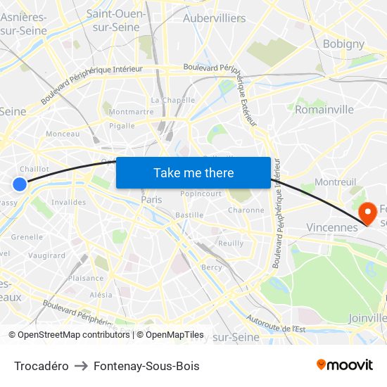 Trocadéro to Fontenay-Sous-Bois map