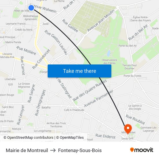 Mairie de Montreuil to Fontenay-Sous-Bois map