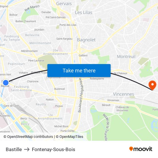 Bastille to Fontenay-Sous-Bois map