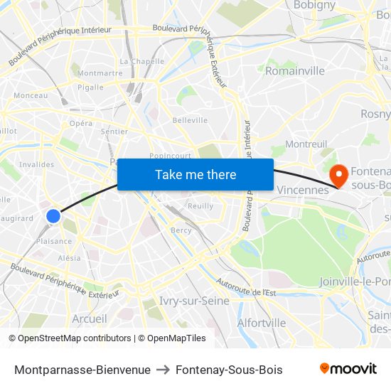 Montparnasse-Bienvenue to Fontenay-Sous-Bois map