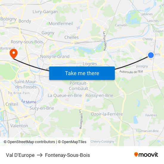 Val D'Europe to Fontenay-Sous-Bois map