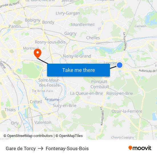 Gare de Torcy to Fontenay-Sous-Bois map