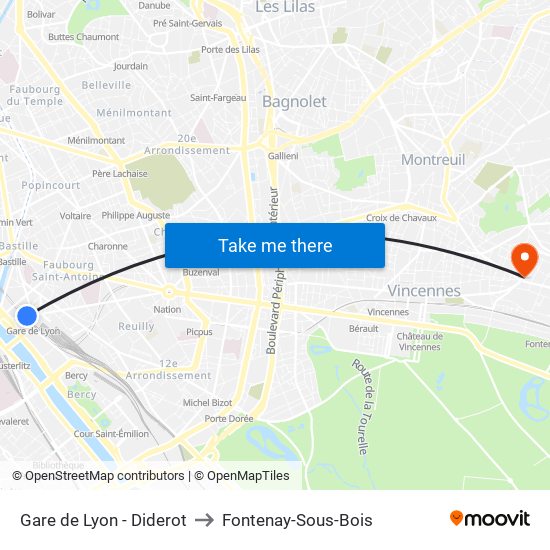 Gare de Lyon - Diderot to Fontenay-Sous-Bois map