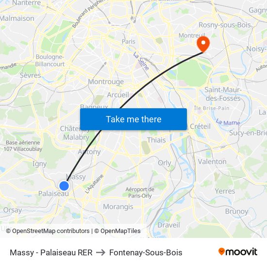 Massy - Palaiseau RER to Fontenay-Sous-Bois map