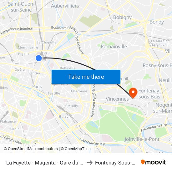La Fayette - Magenta - Gare du Nord to Fontenay-Sous-Bois map