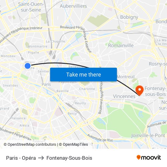 Paris - Opéra to Fontenay-Sous-Bois map