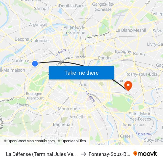 La Défense (Terminal Jules Verne) to Fontenay-Sous-Bois map