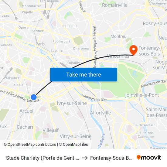 Stade Charléty (Porte de Gentilly) to Fontenay-Sous-Bois map