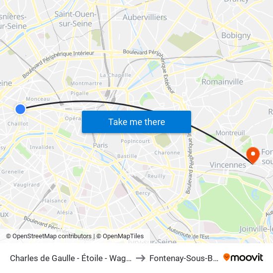 Charles de Gaulle - Étoile - Wagram to Fontenay-Sous-Bois map