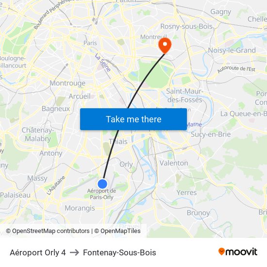 Aéroport Orly 4 to Fontenay-Sous-Bois map