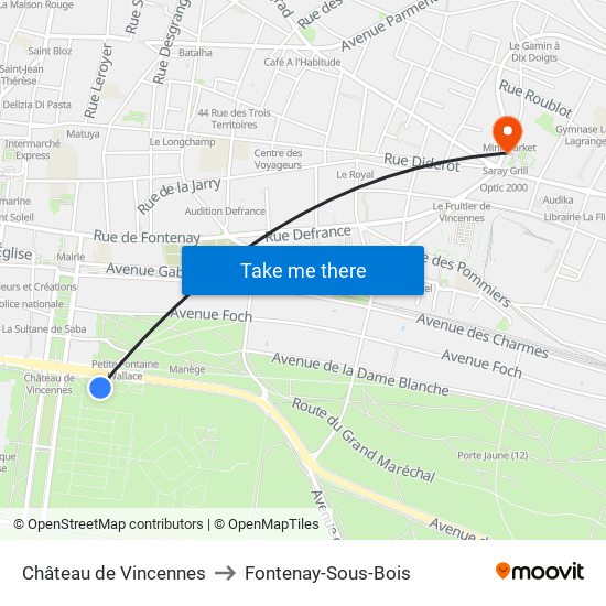 Château de Vincennes to Fontenay-Sous-Bois map
