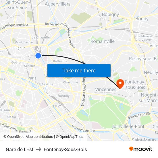 Gare de L'Est to Fontenay-Sous-Bois map