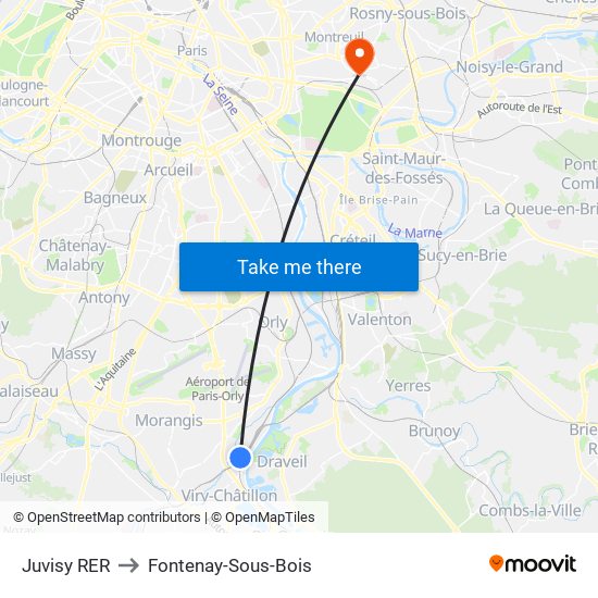 Juvisy RER to Fontenay-Sous-Bois map