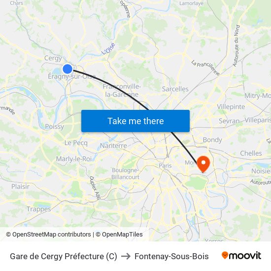 Gare de Cergy Préfecture (C) to Fontenay-Sous-Bois map
