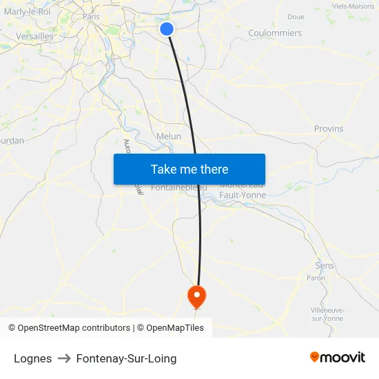 Lognes to Fontenay-Sur-Loing map