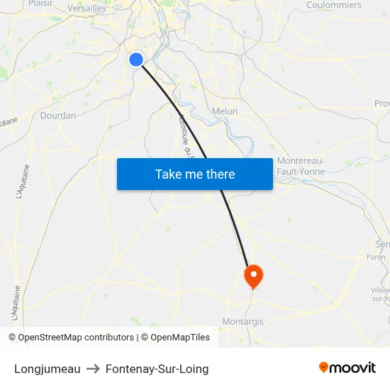Longjumeau to Fontenay-Sur-Loing map