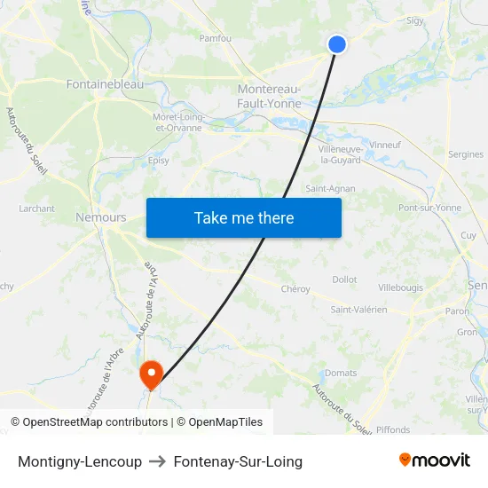 Montigny-Lencoup to Fontenay-Sur-Loing map